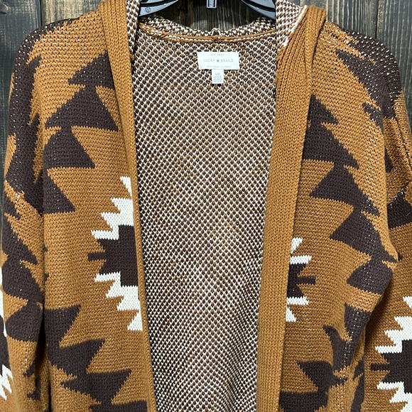 Lucky Brand Southwestern Aztec Cardigan S Open Brown Duster Cozy Hooded Casual - Picture 5 of 13